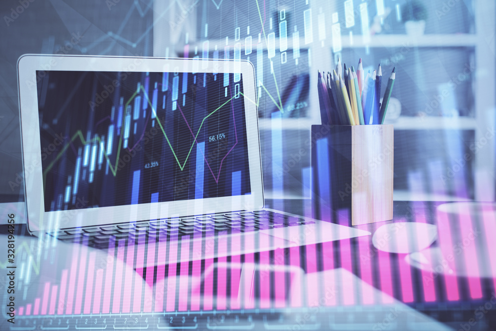 Stock market graph on background with desk and personal computer. Multi exposure. Concept of financial analysis. Stock market graph on background with desk and personal computer. Multi exposure. Concept of financial analysis.