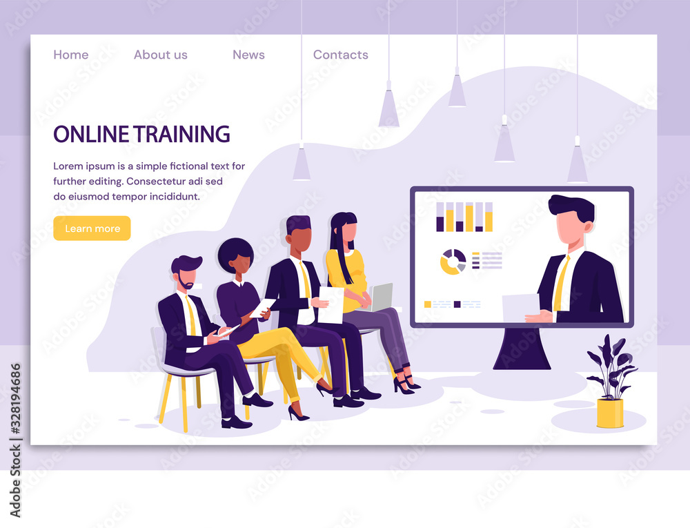 Group of business employees attending online training seated in front of a large monitor with infographic on the screen and space for text, colored vector illustration Group of business employees attending online training seated in front of a large monitor with infographic on the screen and space for text, colored vector illustration