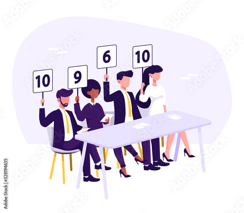 Jury casting their votes using paddles to show their ratings as they sit together at a table, vector illustration