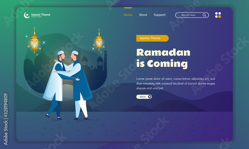 Flat illustration of two muslims people meet each other for ramadan concept on landing page