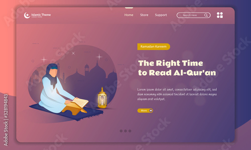 Flat illustration of reading the holy Quran for Ramadan kareem concept on landing page