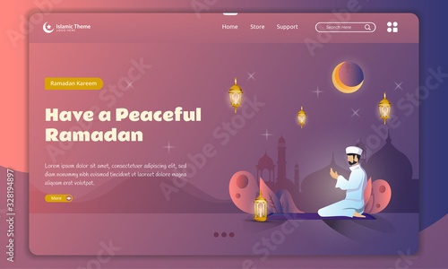 Flat design of moeslem prayer for ramadan concept on landing page