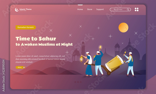 Flat design of awaken Muslim at night or Sahur for Ramadan concept on landing page