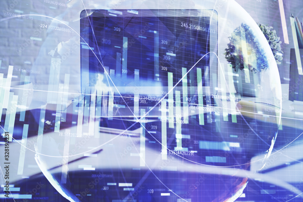 Multi exposure of business theme icons and work space with computer background. Concept of success. Multi exposure of business theme icons and work space with computer background. Concept of success.