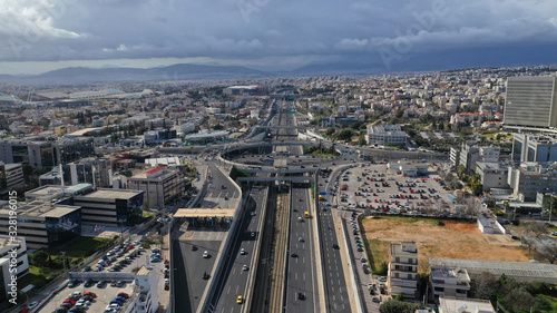 Aerial drone photo of ring road in Kifisias and Attiki odos avenues, a popular multilevel junction circular road, Attica, Greece © aerial-drone