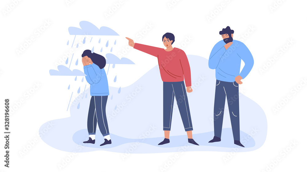 Conflict with parents, father and mother scolding a teenage girl. Adolescent girl under stress, depression. Children's misunderstanding with their families. Conflict with parents, father and mother scolding a teenage girl. Adolescent girl under stress, depression. Children's misunderstanding with their families.