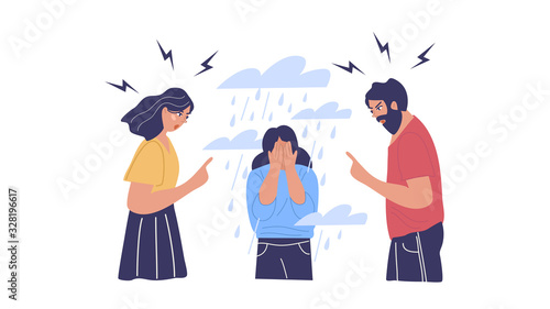Conflict With Parents, Father And Mother Scolding Teenager Vector. Isolated Illustration