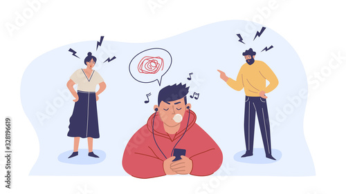 Conflict with parents, father and mother scolding a teenage boy. A teenage boy ignores his parents. Children's misunderstanding with their families.