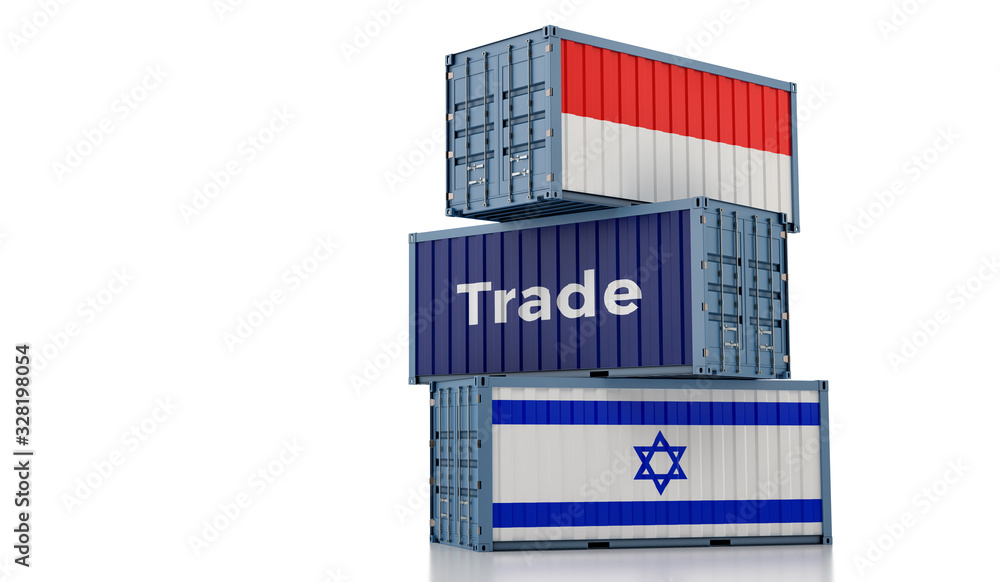Shipping containers with Israel and Indonesia flag. 3D Rendering Shipping containers with Israel and Indonesia flag. 3D Rendering