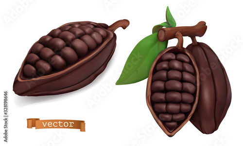 Cacao fruits. Cocoa pods. 3d realistic vector objects