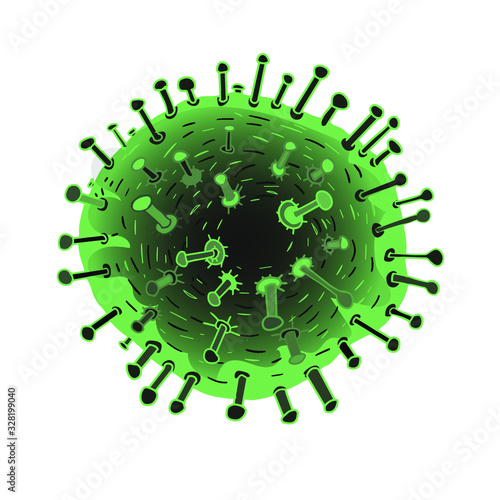 Virus vector drawing on a white background. Illustration of a microorganism, a bacterium that spreads the virus, green globe with arrows