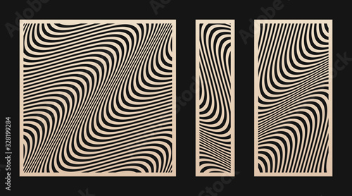 Laser cut panel set. Vector stencil with abstract geometric pattern, wavy lines, curves, stripes. Modern swatch for laser cutting of wood, metal, acrylic panel, engraving. Aspect ratio 1:1, 1:2, 1:4
