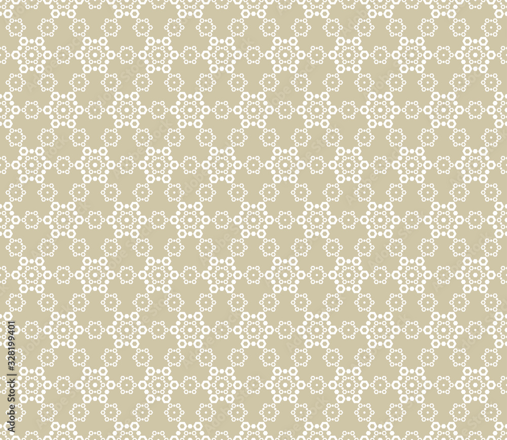 Vector golden lace seamless pattern. Abstract white and gold ornament. Geometric mosaic, delicate grid, hexagonal shapes, repeat tiles. Luxury background texture. Elegant design for decoration, prints Vector golden lace seamless pattern. Abstract white and gold ornament. Geometric mosaic, delicate grid, hexagonal shapes, repeat tiles. Luxury background texture. Elegant design for decoration, prints