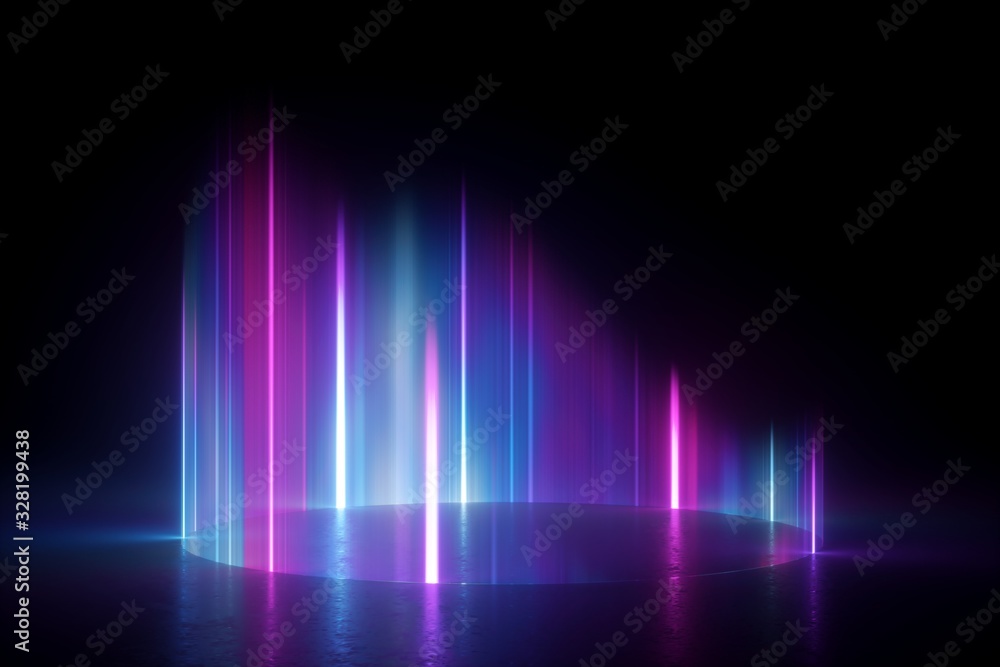 3d render, abstract neon background. Glowing plasma. Pink blue vertical rays. Aurora borealis phenomenon