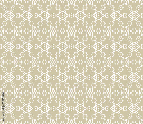 Vector golden lace seamless pattern. Abstract white and gold ornament. Geometric mosaic, delicate grid, hexagonal shapes, repeat tiles. Luxury background texture. Elegant design for decoration, prints