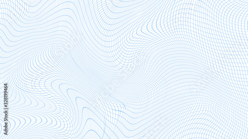 Grid is blue wavy, curved. Lines are distorted. Vector illustration background.