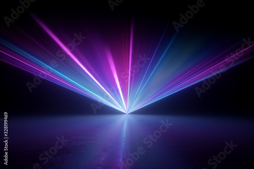 3d render, digital illustration. Bright projector shining on the dark empty stage, laser show, glowing pink blue hypnotic rays, abstract neon light background photo