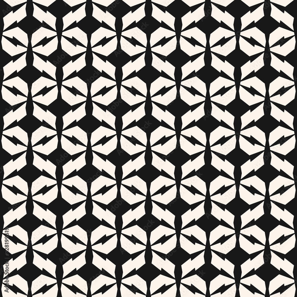 Vector seamless geometric pattern. Black and white abstract texture with edgy shapes, grid, lattice, net, grill, lathing, fence. Simple modern repeat background. Design for decor, wallpapers, print Vector seamless geometric pattern. Black and white abstract texture with edgy shapes, grid, lattice, net, grill, lathing, fence. Simple modern repeat background. Design for decor, wallpapers, print