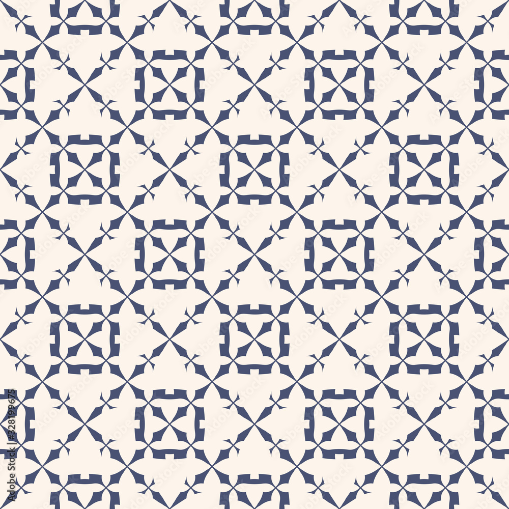 Subtle vector seamless pattern. Abstract decorative geometric texture with crosses, floral shapes, carved grid, lattice, repeat tiles. Delicate ornamental background in dark blue and white beige color Subtle vector seamless pattern. Abstract decorative geometric texture with crosses, floral shapes, carved grid, lattice, repeat tiles. Delicate ornamental background in dark blue and white beige color