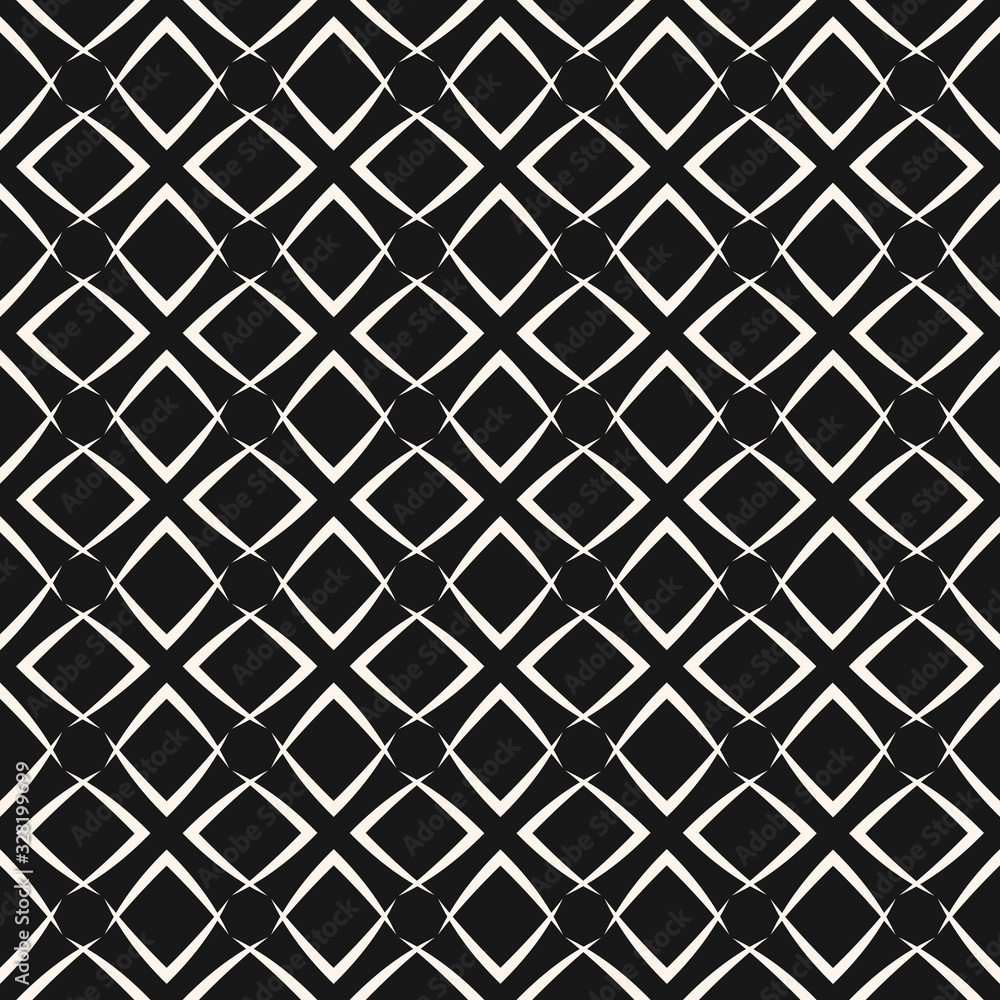 Vector grid seamless pattern. Abstract geometric monochrome texture with diagonal cross lines, net, lattice, grill, rhombuses. Simple black and white graphic background. Stylish dark repeating design