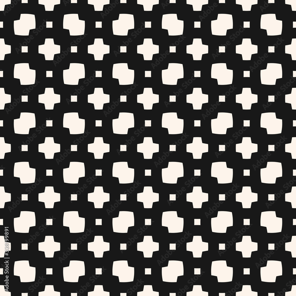 Vector minimalist seamless pattern. Abstract monochrome geometric texture with small figures, squares, dots, rhombuses, grid, net, mesh. Simple black and white ornament. Minimal repeated background