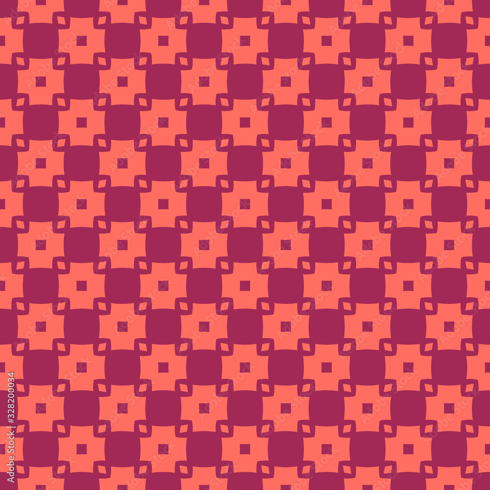 Vector geometric seamless pattern with small flower shapes, squares, grid, net. Simple abstract texture in trendy bright colors, living coral and burgundy. Modern minimalist background. Repeat design Vector geometric seamless pattern with small flower shapes, squares, grid, net. Simple abstract texture in trendy bright colors, living coral and burgundy. Modern minimalist background. Repeat design