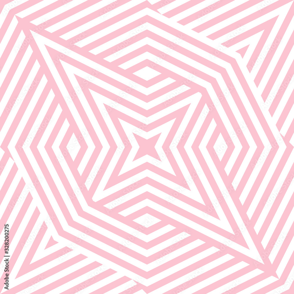 Geometric lines seamless pattern. Abstract vector texture with broken lines, ribbons, stars, diamond shapes. Simple graphic background in pink and white color. Modern linear ornament. Repeat design
