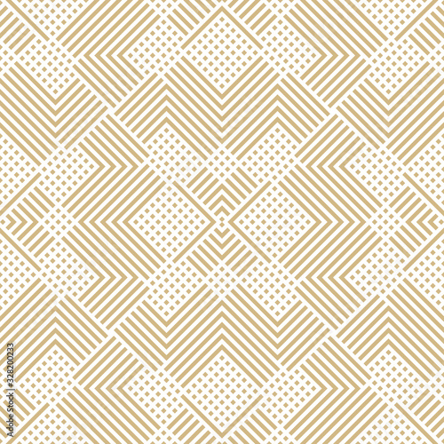 Vector geometric lines seamless pattern. Golden texture with squares, stripes, broken lines, chevron, zigzag. Simple abstract linear geometry. Modern gold and white graphic background. Repeat design