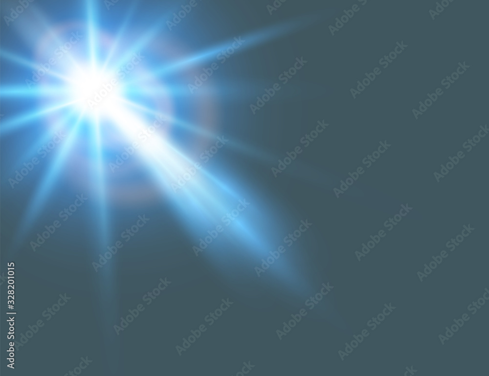 light is white and blue, with a yellow halo with transparent rays. Flash, explosion or glowing star. Vector decorative object on an isolated background. light is white and blue, with a yellow halo with transparent rays. Flash, explosion or glowing star. Vector decorative object on an isolated background.