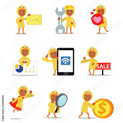 Set character of women in duck costumes for party events.