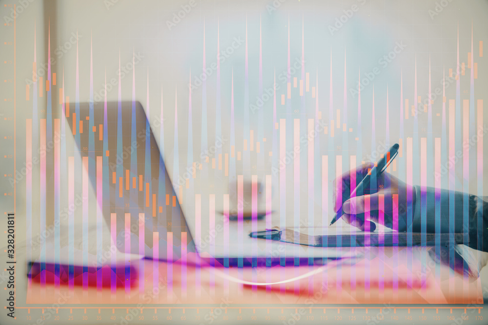 Double exposure of forex chart with man working on computer on background. Concept of market analysis. Double exposure of forex chart with man working on computer on background. Concept of market analysis.
