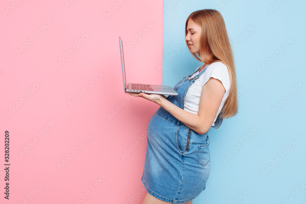 Photo of a cheerful pregnant woman using a laptop computer, standing on an isolated pink and blue background Photo of a cheerful pregnant woman using a laptop computer, standing on an isolated pink and blue background