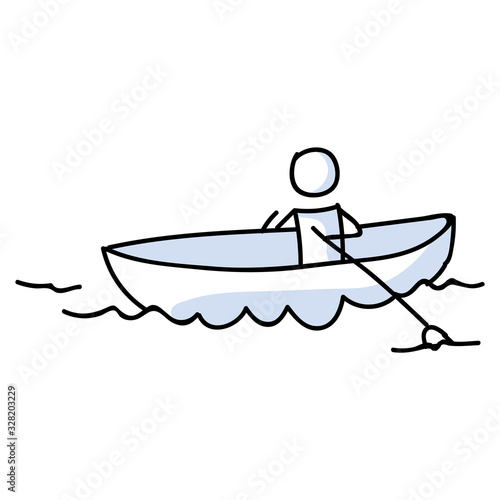 Cute stick figure on kayaking holiday vector clipart. Concept of boating on lake in canoe. Hand drawn pictogram of recreation lesiure illustration. Eps 10. 