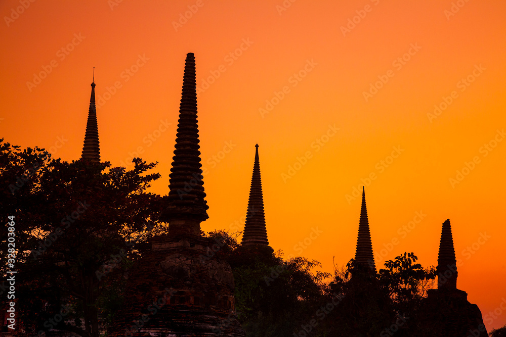 Wat Phra Si Sanphet in Ayutthaya Historical Park at night,