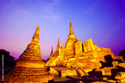 Wat Phra Si Sanphet in Ayutthaya Historical Park at night,