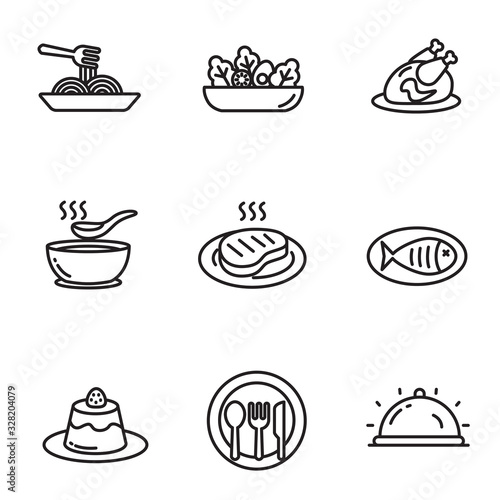 Set of cuisine icons in black line design. Foods vector illustration in simple black and white design isolated on white background
