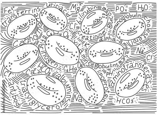Vector flat illustration with doodles in form of red blood cell elements and lettering around with names of plasma components. Concept Hematology, laboratory diagnostics, and donation.