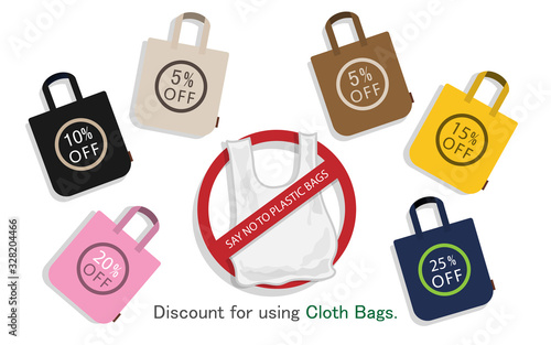 Say no to plastic bags Discount for using cloth bags. Environmental pollution problem concept. Plastic bags with marks forbidden And cloth bags with a discount of 5%, 10%, 15%, 20%, 25%