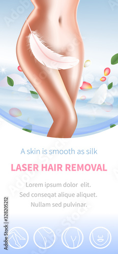 Hair Laser Removal Beauty Spa Procedure, Female Smooth Body with Feather Covering Intimate Area, Perfect Silk Skin, Healthy Woman Lifestyle, Hygiene. 3D Vector Realistic Illustration, Vertical Banner