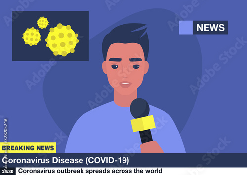 Coronavirus breaking news, young male reporter holding a microphone