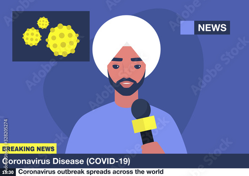 Coronavirus breaking news, young indian male reporter holding a microphone