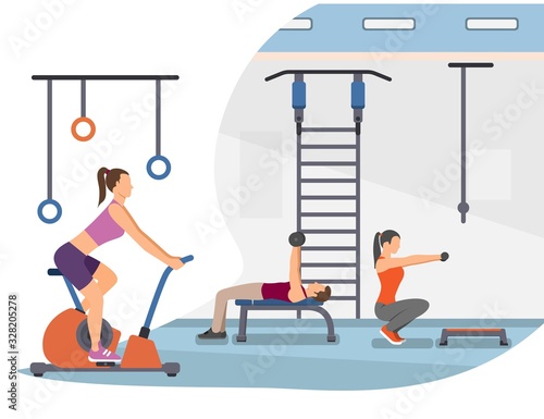 Plakat Advertising Poster, Group People goes in for Sports. Three People are Training on Simulators. Girl Engaged in Exercise Bike, other is Crouching and Man doing Bench Press with Barbell.