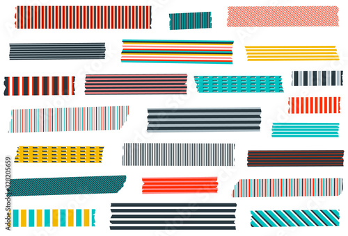 Series of stripes washi tape. Semi-transparent masking tape or adhesive strips. EPS file has global colors for easy color changes. Colorful, blue, yellow, orange, black, grey. Preppy.