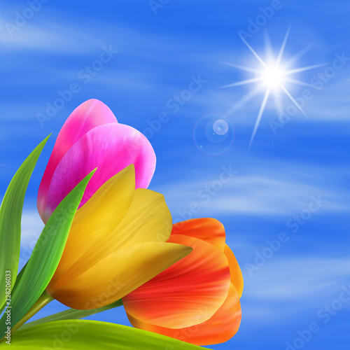 A bouquet of tulips on a background of blue sky. The sun shines. Bright spring background, vector illustration, EPS10.