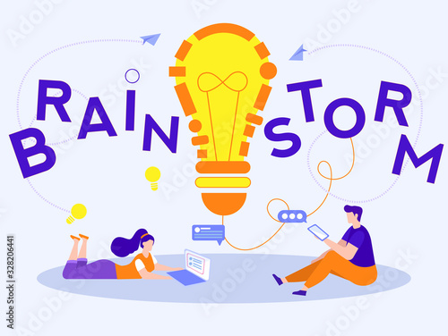 Flyer Inscription in Capital Letters Brainstorm. Employees Process Augmented and Reality Related Ideas. Light Bulb in Center, Guy Sitting with Cloak, Girl is Lying with Laptop. Vector Illustration. photo