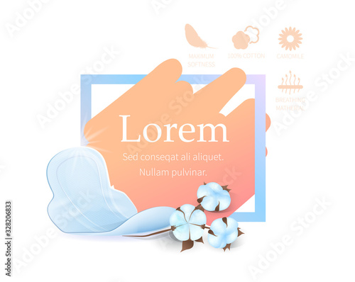Banner with Frame for Advertising Text and Hygienic Pad. Monthly Cotton Slim Sanitary Napkin. Freshness and Fragrance, Comfort and Breathing, Thin and Soft Icons. Vector 3d Illustration