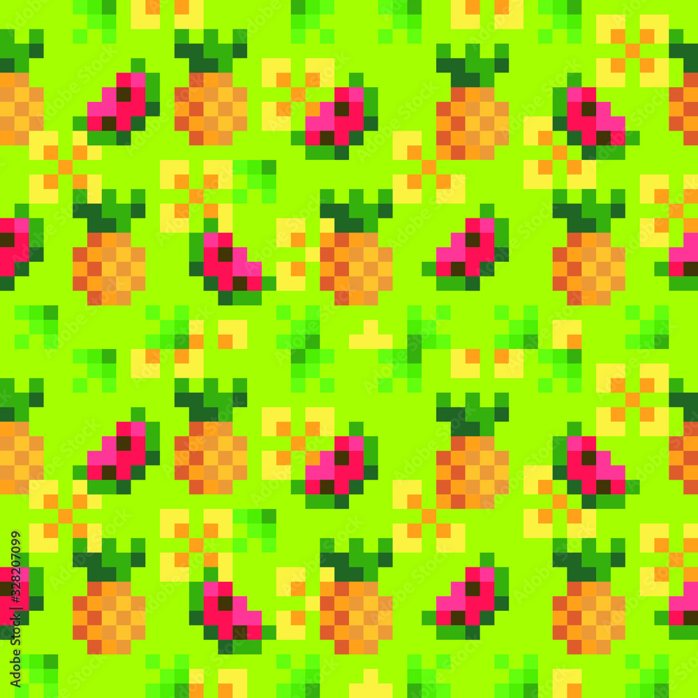 Fruit seamless pattern for pixel art style game, pineapple and watermelon, fabric textures. Isolated vector illustration. Design for stickers, logo, web, mobile app. Fruit seamless pattern for pixel art style game, pineapple and watermelon, fabric textures. Isolated vector illustration. Design for stickers, logo, web, mobile app.