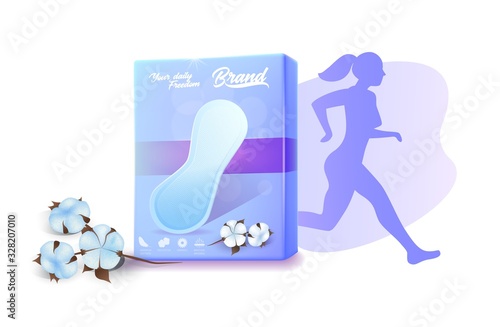 Daily Pads for Active Woman Ad Banner. Hygiene Feminine Product for Every Day Use or Light Flow Menstrual Bleeding. Realistic Female Body Silhouette, Cotton Flower and Pack Vector 3d Illustration