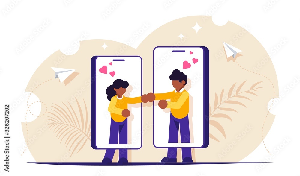 Website or dating app concept. Meet your love. People find and communicate with each other through phones. Modern metaphor. Flat vector illustration. Website or dating app concept. Meet your love. People find and communicate with each other through phones. Modern metaphor. Flat vector illustration.