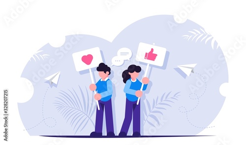 Social media concept. People stand with signs urging to put likes. Interacting with content on social media. Modern flat vector illustration.